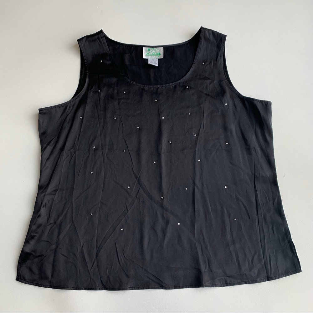 Quacker Factory Vintage Silk Tank Top Black Rhinestones Scoop Neck Size XL